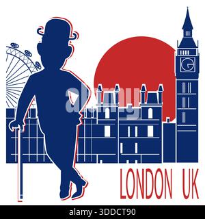 Gentleman in schwarzem Bowler Hut und Stock auf London Hintergrund. Vektor-Illustration Stock Vektor