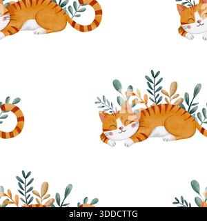 Niedliches nahtloses Aquarellmuster mit schlafenden Ingwerkatzen und Blumenblättern schafft eine bezaubernde Kindertapete, die perfekt für Textilien und Dekorationen für Kinder geeignet ist. Handgezeichnete Illustration, weißer Hintergrund. Stockfoto