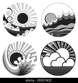 Sonne und Meereswellen. Vektor-schwarz-weiße grafische Symbole der Illustration der Meereslandschaft Stock Vektor