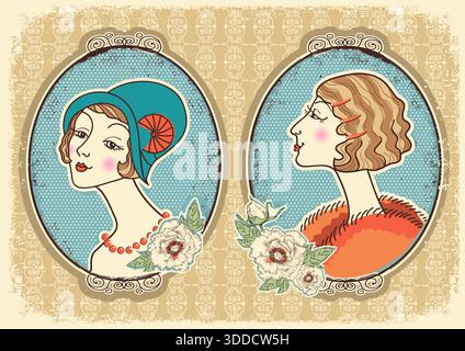 Alte Frauenporträts im Rahmen. Vektor-Menschen-Illustration 20er 30er Jahre Mode Stock Vektor