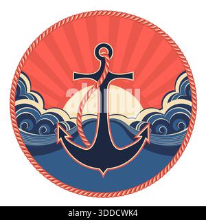 Nautisches Etikett mit Anker und abstrakten Meereswellen. Vektor-Illustration Stock Vektor