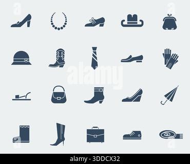 Modische Schuhe und Accessoires.Vektor flache Symbole isoliert auf weiß Stock Vektor