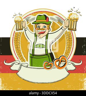 Oktoberfest-Hintergrund mit Biersymbolen Vektor-Illustration mit Mann und zwei Gläsern Bier. Biersymbole und -Etiketten Stock Vektor