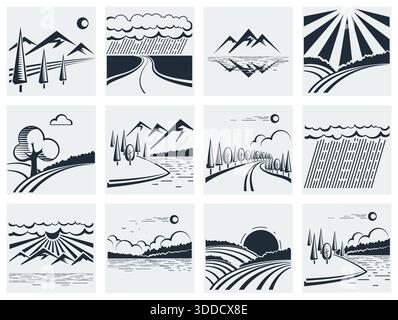 Set von Sonne und Wellen Symbol Logo Vektor Symbol Illustration Umriss Stil Design. Vektor-Meereslandschaft-Etikett, Abzeichen isoliert auf weiß Stock Vektor