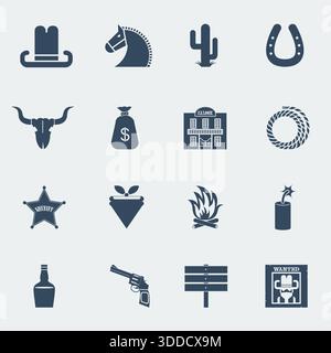Amerikanische Cowboy-Ikonen. Vektor-Wild-West-Piktogramme für Design isoliert Stock Vektor