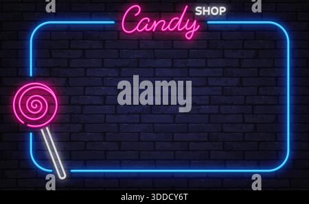 Farbenfroher Neon-Vektor-Rahmen mit Lutscher und Süßwarenladen-Schriftzug. Entwickelt für Süßwarengeschäfte, Kindermenüs und verspielte Werbelayouts. Stock Vektor