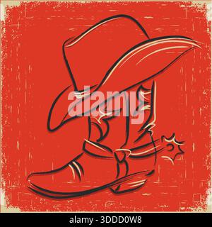 Cowboystiefel und Westerhut. Vektor Cowgirl Grafik Hand gezeichnete Illustration Rodeo Cowboy Kleidung isoliert auf weiß für Druck oder Design Stock Vektor