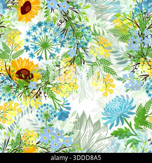 Sattes, nahtloses Blumenmuster mit Sonnenblumen und anderen Blumen. Handgezeichnet. Nicht AI, Vektordarstellung. Stock Vektor