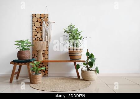 Holzbank, Lampe und Korbgefäße mit Zimmerpflanzen im Inneren des Wohnzimmers Stockfoto