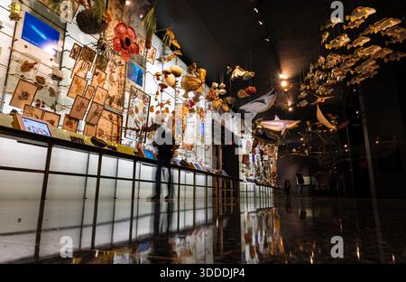 Weite Sicht auf die AMNH-Galerie mit beleuchteten Displays, hängenden Objekten und Reflexionen während der Besucherbewegung in New York City; ideal für Museumswerbung, Stockfoto