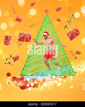 Kreative Weihnachtscollage mit Mann in Weihnachtsmütze auf SUP-Board und Geschenkboxen vor orangem Hintergrund Stockfoto