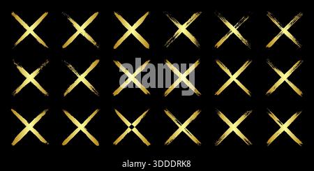 Goldene Grunge-Kreuze, Pinselstriche, Linien, Tintenflecken, handgezeichnete Kritzelformen. Handgemachte, skizzenhafte Markierungen, Acrylflecken, Holzkohlestreifen. Farbe Stock Vektor