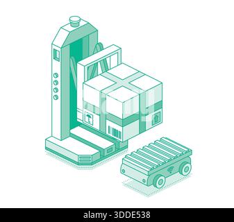 Isometrische Umrisse autonomer Roboterstapler, der mit dem mobilen AMR-Roboter arbeitet. Intelligente Lagerautomatisierung und KI-Logistikkonzept. Vektorabbildung. Stock Vektor