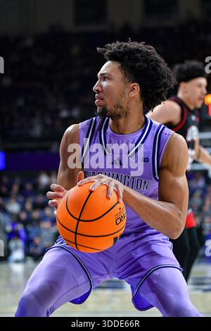 Seattle WA, USA. Dezember 2025. Washington Huskies Guard Desmond Claude (1) während des NCAA Basketballspiels zwischen den Utah Utes und Washington Huskies in Seattle WA. Washington besiegte Utah 74–65. Steve Faber/CSM/Alamy Live News Stockfoto
