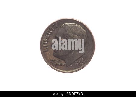 US-Dollar-Münze (zehn Cents) 1989 - Vorderseite - mit Franklin Roosevelt Stockfoto