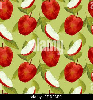 Aquarell Rote Äpfel Und Scheiben Rustikal. Warmes Stillleben von ganzen roten Äpfeln und geschnittenen Wedges mit strukturiertem Fleisch und Hauttönen gemütliche Herbsternte-Stimmung geeignet für Backen, Cider, handgezeichnetes nahtloses Aquarellmuster Stockfoto