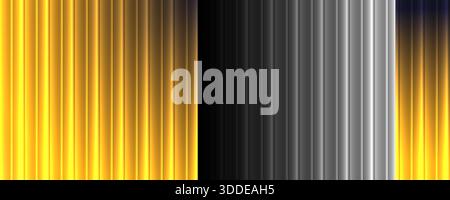 Goldener und metallischer Wellenverlaufshintergrund mit vertikaler gerippter Textur. Fraktaler Hintergrund aus schwarzem und orangefarbenem Glas Stock Vektor