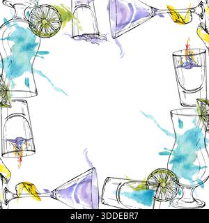 Blaue Lagune, Flammensambuca, Kamikaze Shots und Aviation Cocktail, Zitrusgarnitur. Aquarellrahmen mit hellen Tintenkonturen. Handgezeichnet für Spa-Drink Stockfoto