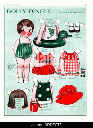 Die Puppenseite aus Vintage-Papier zeigt Dolly Dingle mit Sommermode. Von der Illustratorin Grace G. Drayton 1930 Stockfoto