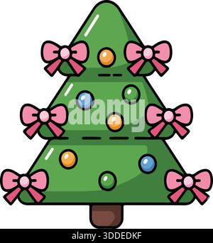 „Cartoon Christmas Tree – Rosa Bögen und farbenfrohe Ornamente im mehrstufigen immergrünen Design“ Stock Vektor