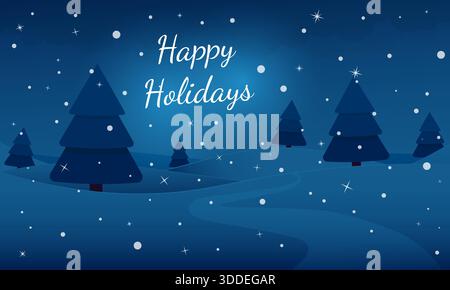 Happy Holidays blaue Winternächtelandschaft. Hintergrund des Winterwaldes mit stilisierten dunkelblauen Kiefern auf verschneiten Hügeln Stock Vektor
