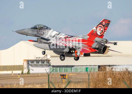 Die polnische Luftwaffe F-16Cs während der NATO-Tiger Meet Übungen in Beja. Mit spezieller Tiger-Lackierung. Stockfoto