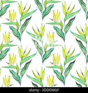 Nahtloses Aquarellmuster mit eleganten Strelitzieblättern und Knospen in leuchtenden Grün- und Türkistönen. Die weichen handbemalten botanischen Elemente Stockfoto