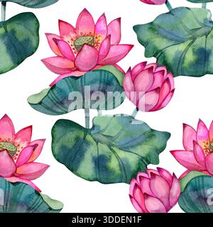 Helles Lotusmuster in Wasserfarben mit leuchtend rosa Blüten und sattgrünen Blättern. Elegantes botanisches Design, perfekt für Textilien, Verpackungen und Schreibwaren Stockfoto