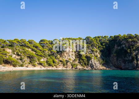 Felsige Küstenklippen, die mit dichten Kiefern bedeckt sind, erheben sich über dem ruhigen türkisfarbenen Wasser am Strand von Alonaki Fanariou unter einem wolkenlosen blauen Himmel. Das Sonnenlicht unterstreicht die rauen Strukturen und das lebhafte Grün der Mittelmeerküste. Stockfoto