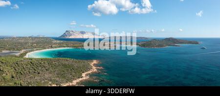 Panoramablick auf Capo Coda Cavallo in der Nähe von San Teodoro, Sardinien, mit türkisfarbenen Buchten, üppiger Küstenvegetation, Ankerbooten, und die markante Silhouette der Insel Tavolara unter einem leuchtend blauen Himmel. Stockfoto