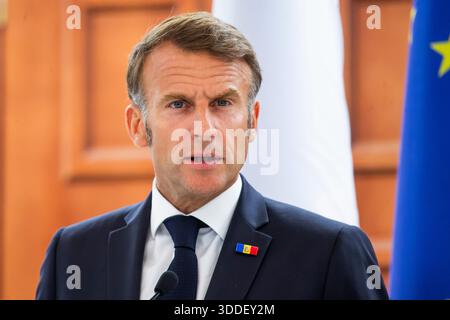 Chisinau, Moldau - 27. august 2025: Französischer Präsident Emmanuel Macron während eines offiziellen Besuchs in der Republik Moldau. Stockfoto