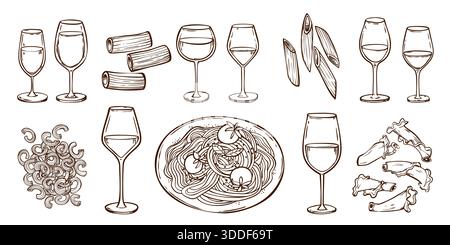 Pasta- und Weingläser mit Kritzeleien, isoliert auf weiß. Vektor-Illustration von handgezeichneten traditionellen italienischen Speisen Ikonen, Line Art Cocktail Gläser und verschiedene Arten von Makkaroni, Restaurant Menü Design Stock Vektor