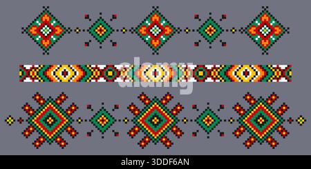 Ukrainische Stickerei mit traditionellem Muster im geometrischen Stitchstil. Volkstümliche Vyshyvanka-Motive – ethnische Kreuzstichelemente, Blumensymbole und Randdekorationen für Textilien Stock Vektor