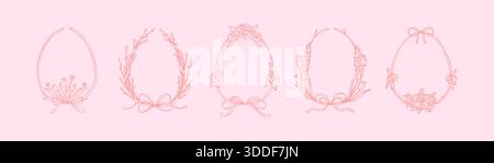 Set aus rosafarbenen Osterrahmen mit süßen Schleifen. Skurrile Koquette mit gewelltem Band. Ästhetischer pastellförmiger filigraner Hintergrund in Vintage victori Stock Vektor