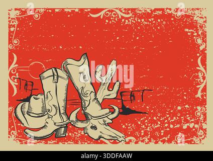 Cowboystiefel und Westerhut. Vektor Cowgirl Grafik Hand gezeichnete Illustration Rodeo Cowboy Kleidung isoliert auf weiß für Druck oder Design Stock Vektor