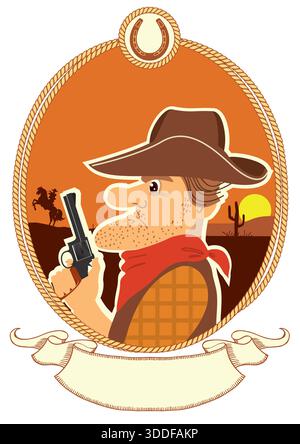 Cowboy Maskottchen Vektor Hand gezeichnete Illustration. Cowboy Kopf Vektor Illustration Konzept Stil für Abzeichen, Emblem und Druck. WESTERN Vintage-Poster Stock Vektor