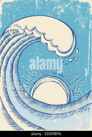 Meereswellen Vintage-Poster auf alter Papierstruktur Hintergrund für Druck oder Design. Meeresumrandung Vektor abstrakt große blaue Wellen und Sonne Stock Vektor