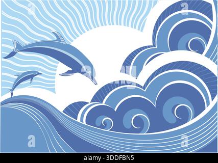 Poster mit Meereswellen. Vintage-Vektor-Illustration der Meereslandschaft mit Meereswellen und Sonnenhorizont auf altem Papier Stock Vektor