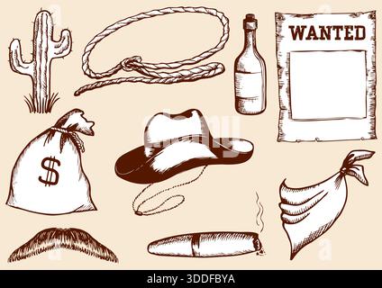 Cowboysymbole Vektor Hand gezeichnete Illustration für Design. Westernstiefel und Cowboyhut Stock Vektor