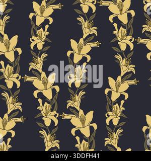 Hand gezeichnet gelbe Linie Kunst Lilie Blumen Weinstock nahtloses Muster mit schwarzem Hintergrund Stock Vektor