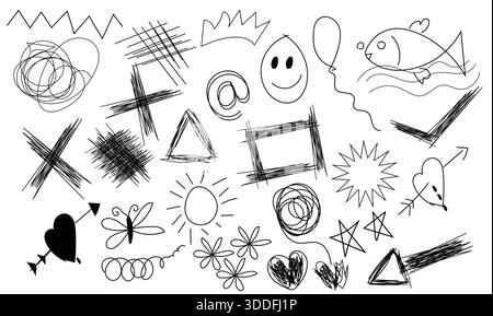 Hand gezeichnete Doodle Elements Collection abstrakte Skizzierlinien Formen Herzen Sterne Fischballon Blumen Pfeile Scribbles niedliche Cartoon Icons Schwarze Tinte Stock Vektor