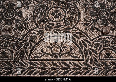 Hadrian’s Villa, Tivoli, Latium, Italien: Detail eines aufwendigen schwarz-weißen dekorativen Mosaiks im Erdgeschoss der Hospitalia, zweistöckiges Gästehaus für Beamte der mittleren Klasse, die die riesige Villa Villa Adriano, erbaut 118 - 138 n. Chr., als Rückzugsort von Rom und luxuriöser Lustpalast für Kaiser Hadrian (regierte 117 - 138 n. Chr.) betrieben haben. Stockfoto
