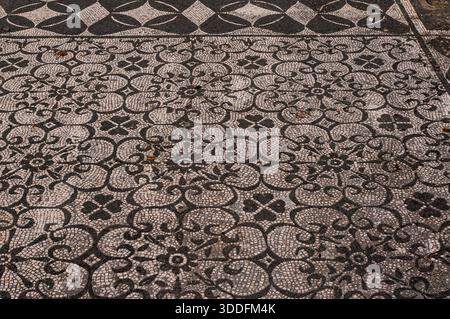 Hadrians Villa, Tivoli, Latium, Italien: Typisches, kompliziertes geometrisches und florales schwarz-weißes tesserenmosaik im Erdgeschoss des Gästehauses Hospitalia für Beamte der Villa Adriano, erbaut 118–138 n. Chr. als Rückzugsort aus Rom und luxuriöser Lustpalast für Kaiser Hadrian (regierte 117–138 n. Chr.). Hier wohnte wohl auch die kaiserliche Prätorianergarde. Stockfoto