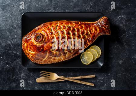 Gebackener dorado Fisch in Hefe Blätterteig, Nahaufnahme, Blick von oben. Gesundes Lebensmittelkonzept. Ganzer Fisch in Teig gewickelt und im Ofen gebacken Stockfoto