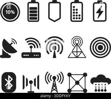 Silhouette und Vektorsymbole für Technologie und drahtlose Verbindung für Netzwerk-App Stock Vektor