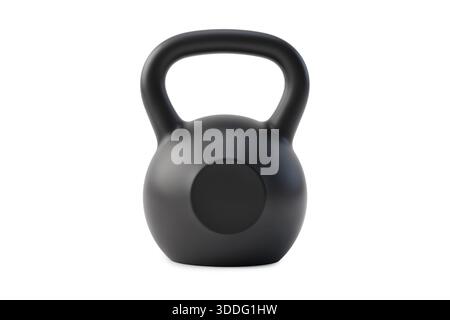 3D-Darstellung einer realistischen schwarzen Metallglocke, isoliert auf weißem Hintergrund für Krafttraining, Bodybuilding und Fitnesskonzepte. Stockfoto