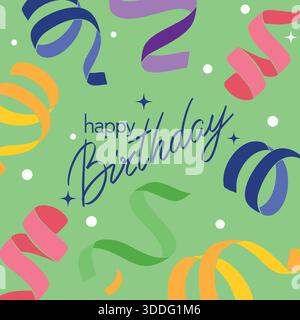Happy Birthday Grußkarte Illustration mit handschriftlichem Text und bunten Konfetti Bändern. Festliches flaches Design passend zum Geburtstag Stock Vektor