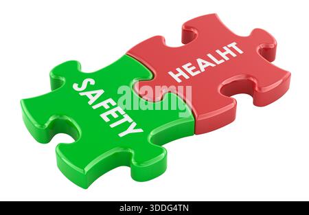 Puzzleteile für Gesundheit und Sicherheit, 3D-Rendering isoliert auf weißem Hintergrund Stockfoto