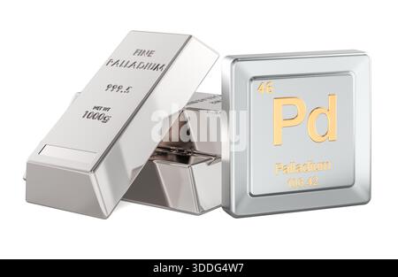 Palladium-Stäbe und PD-Periodensystem-Element-Symbol. 3D-Rendering isoliert auf weißem Hintergrund Stockfoto