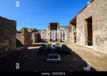Freiluft-Innenhof mit alten Steinmauern und einem kleinen gepflegten Garten im Haus der Venus in Pompeji, Italien. Helles Sonnenlicht hebt das strukturierte Mauerwerk und die geometrische Bepflanzung unter einem leuchtend blauen Himmel hervor. Stockfoto